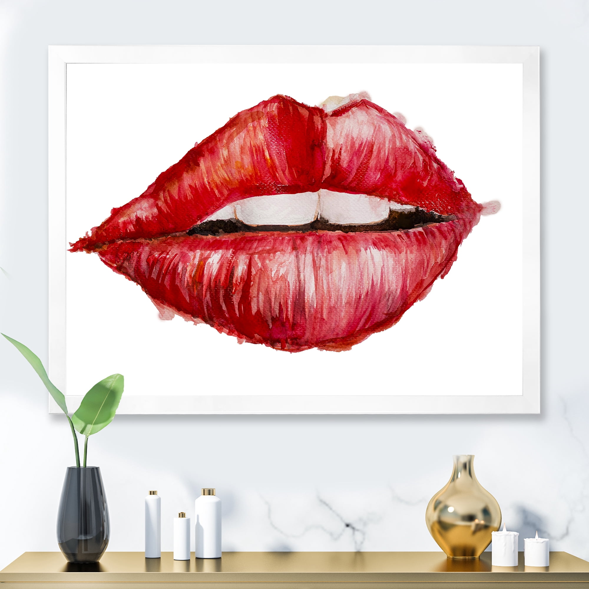 Designart 'Valentines Day Red Female Lips' Modern Framed Art Print