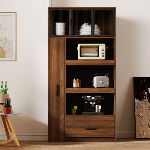 Tall Kitchen Pantry Cabinet with Pull Out Shelf, Modern Freestanding Storage Organizer with Drawers, Microwave Stand for Dining Room, Living Room, Walnut