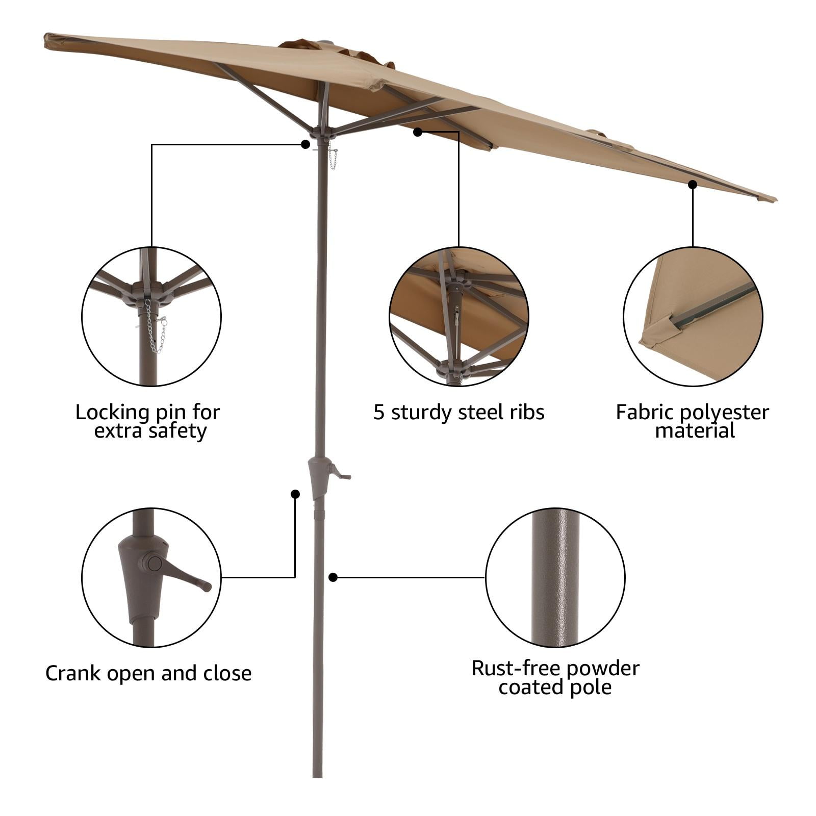 Patio Umbrella 7.5’by 4’Half Rectangular Outdoor Umbrella with Crank, for Deck, Balcony, Garden or Terrace Shade, Beige
