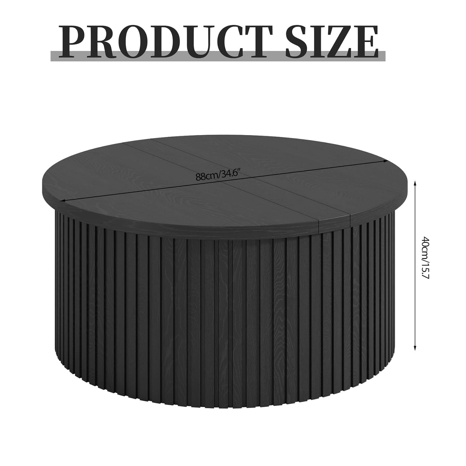 Round Coffee Table for Living Room, Farmhouse Lift Top Coffee Table, Fluted Center Table with Storage (Black)
