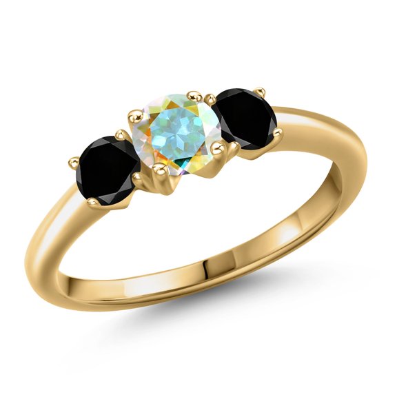Gem Stone King 18K Yellow Gold Plated Silver Mercury Mist Mystic Topaz and Black Diamond Engagement Ring for Women | 1.09 Cttw | Round 5MM | Gemstone November Birthstone | Size 5