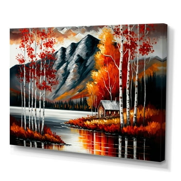 Designart Cabin By The Lake In Autumn I Canvas Wall Art