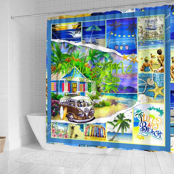 Beach Theme Shower Curtain, Dark Blue Background, Shower Curtain PSL1051SHSC - 71x74 inches