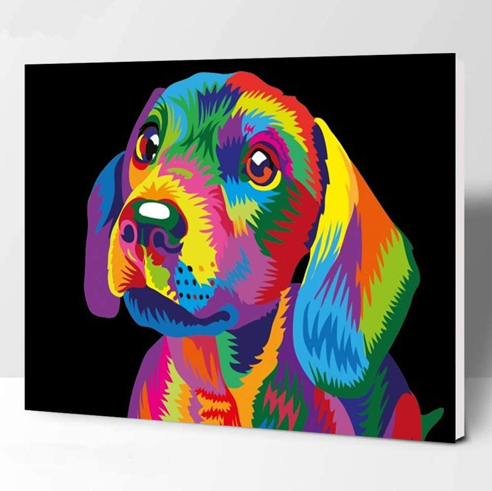 Wooden Framed Paint By Numbers Kit For Adults – DIY Oil Painting -(16 by 20  Inch) - Dog Series (Dog Abstract)