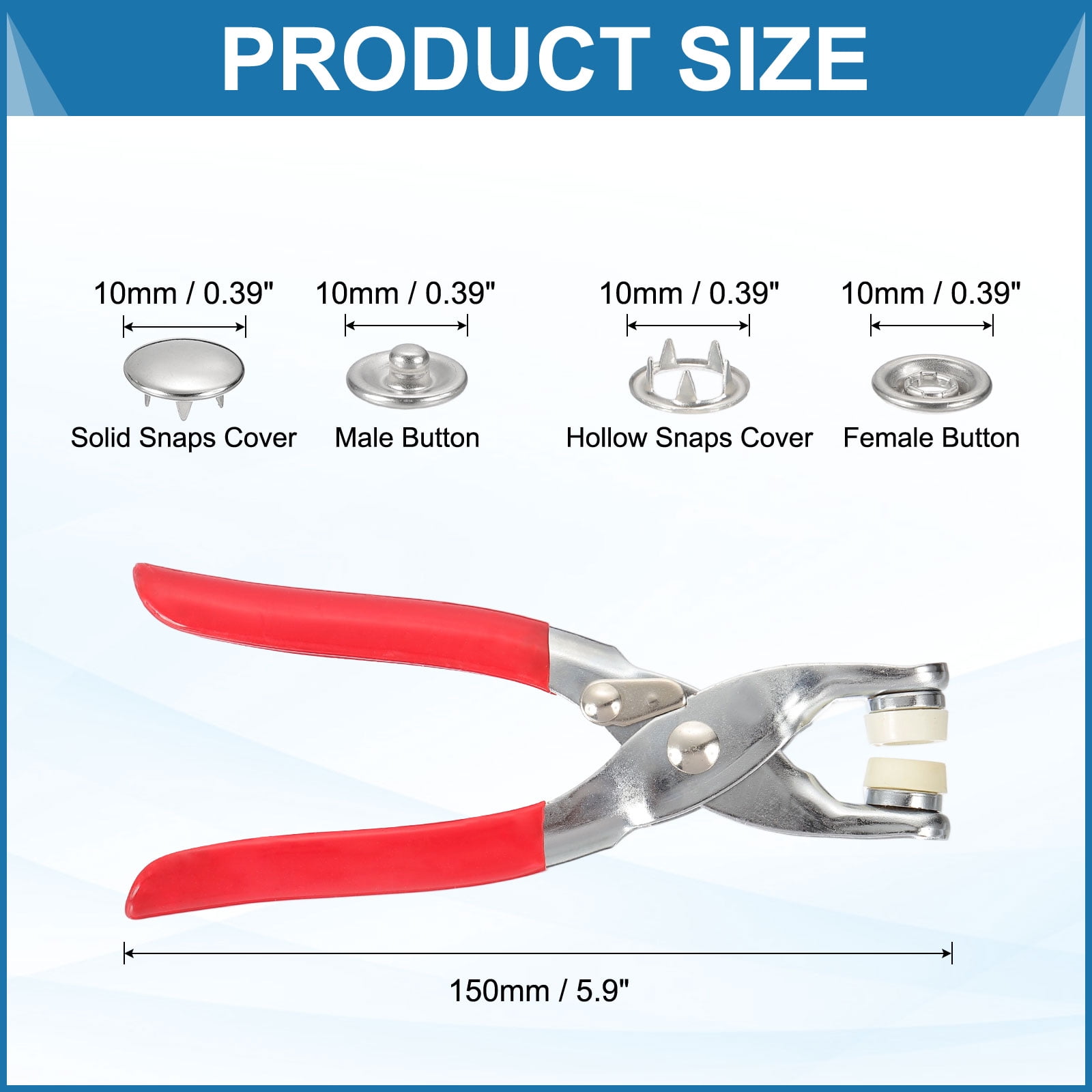 Uxcell 200Set Metal Snap Button Kit 10mm Solid Prong Snap Buttons with Fastener Pliers for Sewing Fabric Leather Clothing Rain Coat Diapers Bibs Crafting, Silver