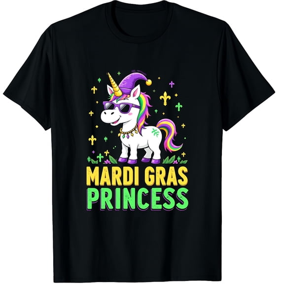 Mardi Gras Princess Unicorn Fat Tuesday Graphic Black T-Shirt for Men and Women