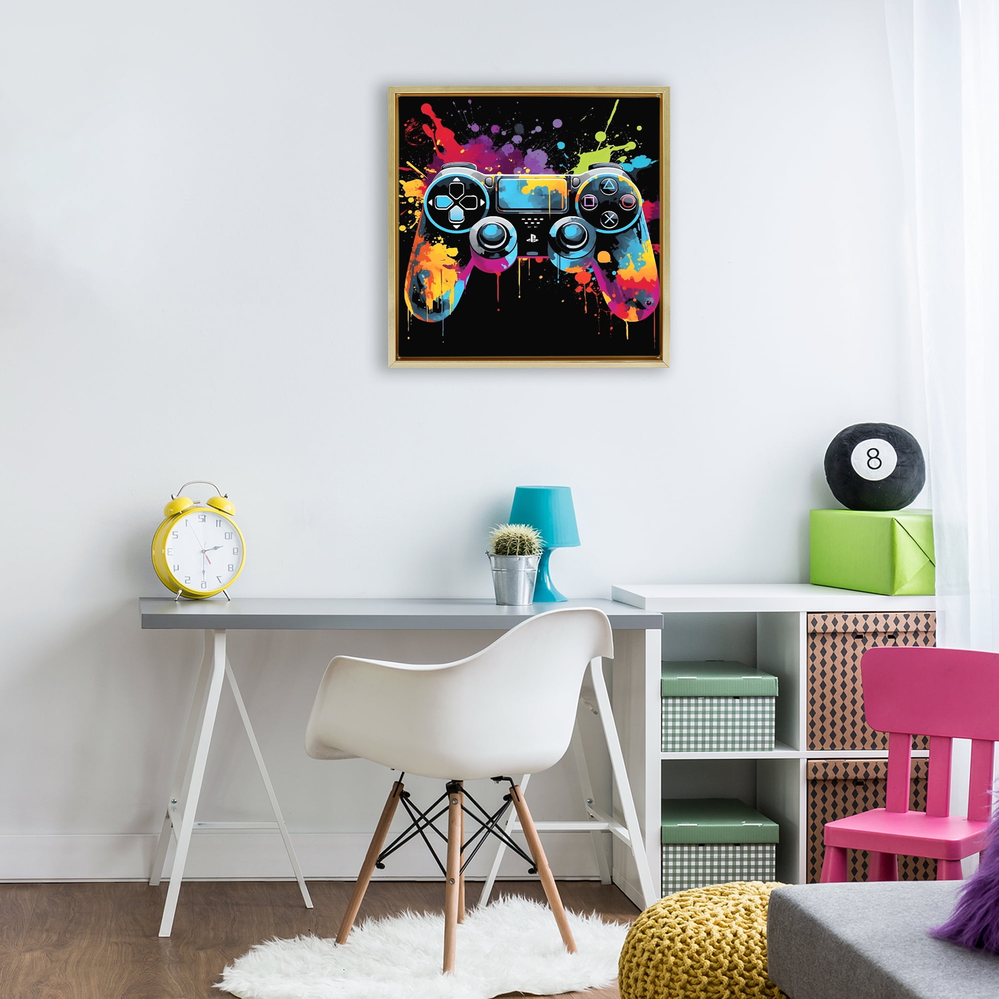 Stupell Industries Paint Splash Game Controller Gold Framed Floater Canvas Wall Art, design by Creative Studio