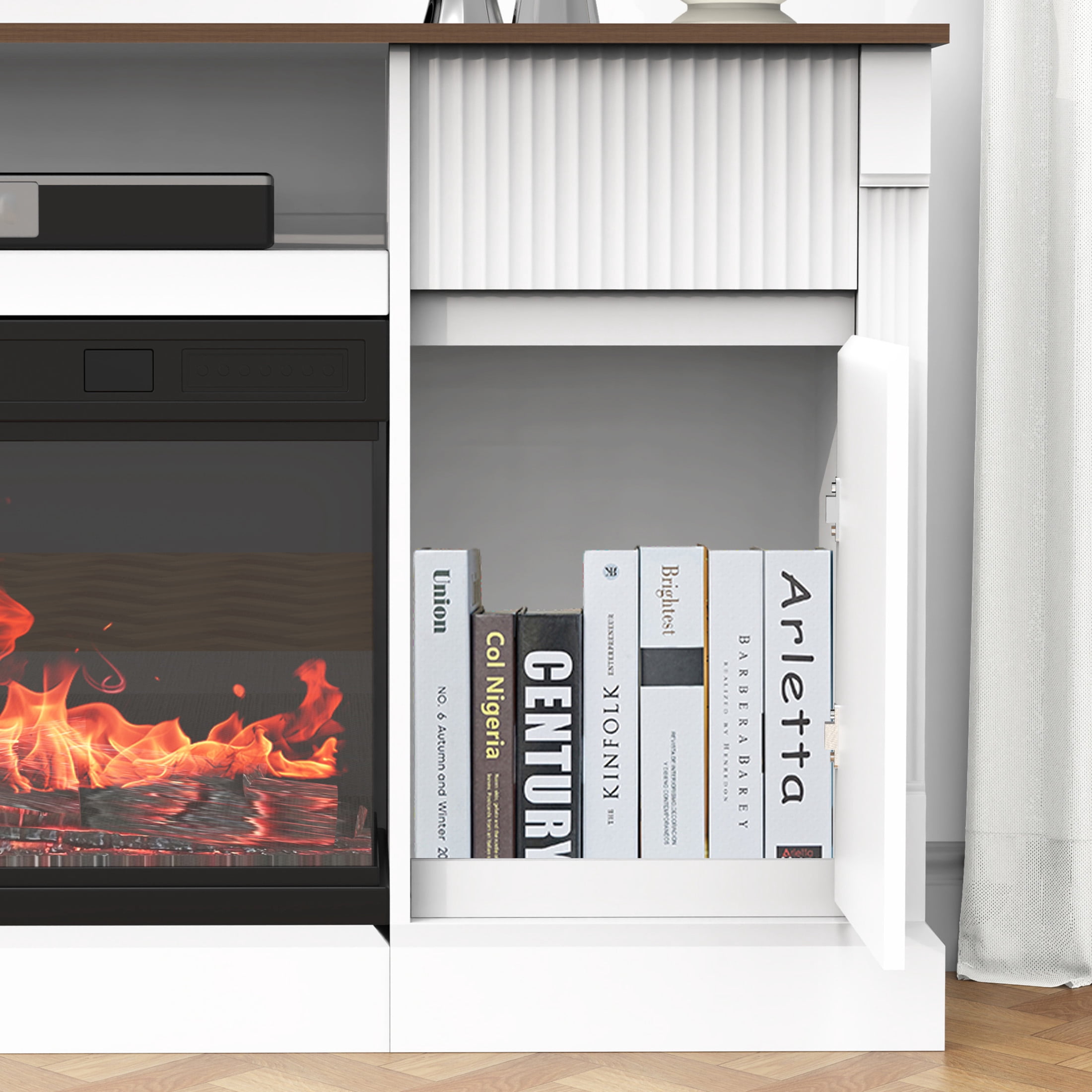 Noble House Modern 70" Glass TV Stand with 3-Sided Electric Fireplace, LED Lights and Storage, TVs up to 80", White