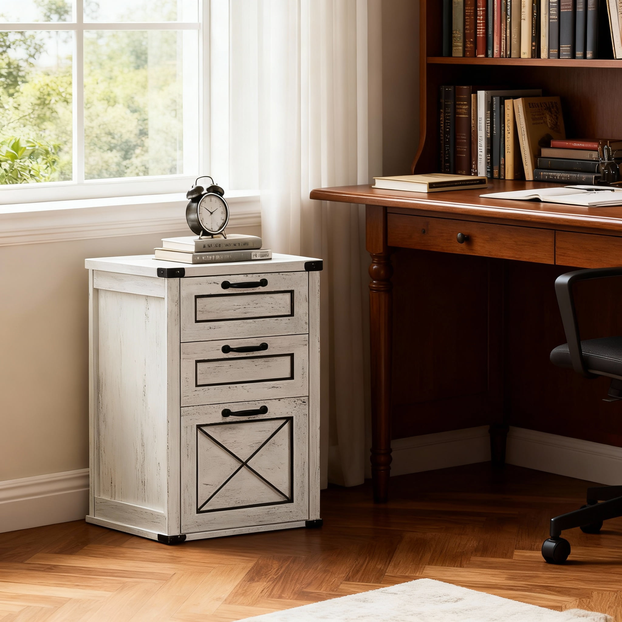 LEDREM 3-Drawer File Cabinet with Hanging Drawer,Printer Stand for A4 & Letter Files,Freestanding Storage Unit for Home Office,Rustic White