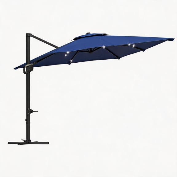 10x10 FT Solar LED Cantilever Patio Umbrella, Heavy-Duty Offset Outdoor Umbrella with 360° Rotation, UV50  Double-Vented Canopy, 33-35 LEDs & Weighted Cross Base