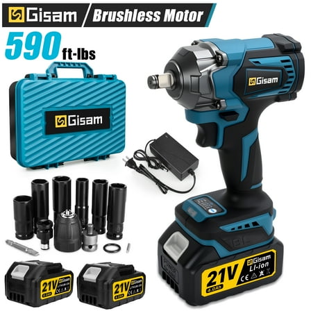 Gisam 800N.m(590 ft-lbs) Cordless Impact Wrench  with 2x4.0Ah Batteries & 13 Sockets Accessories, 1/2" Brushless High Torque  Impact Gun for Home Cars Tire