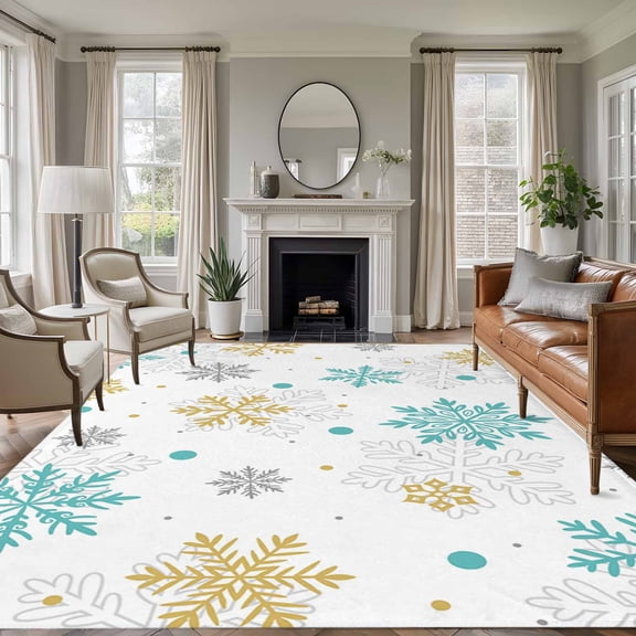 Christmas Snowflakes Area Rugs 8'x10', Washable Small Throw Rugs for Living Room Patio, Winter Xmas Snow Yellow Teal Blue Indoor Outdoor Rug Non-Slip Low Pile Carpet Runner Reversible Floor Mats