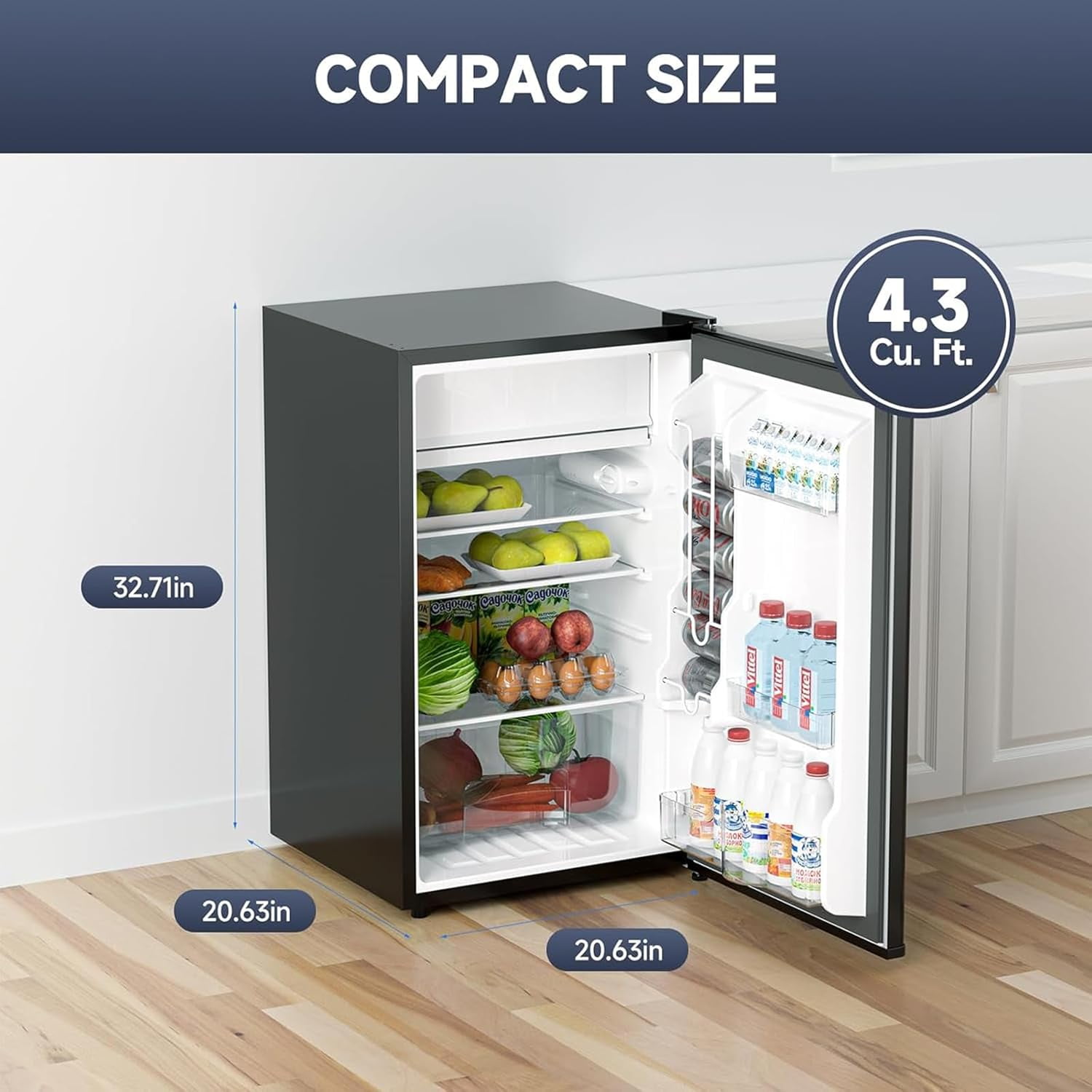 M optimized Mini Fridge with Freezer, 4.3 Cu.Ft Single Door Refrigerator whit 7 Settings Temperature Adjustable and 3 Removeble Shelves, Low Noise, Refrigerator for Home, Office, Dorm, Garage or RV