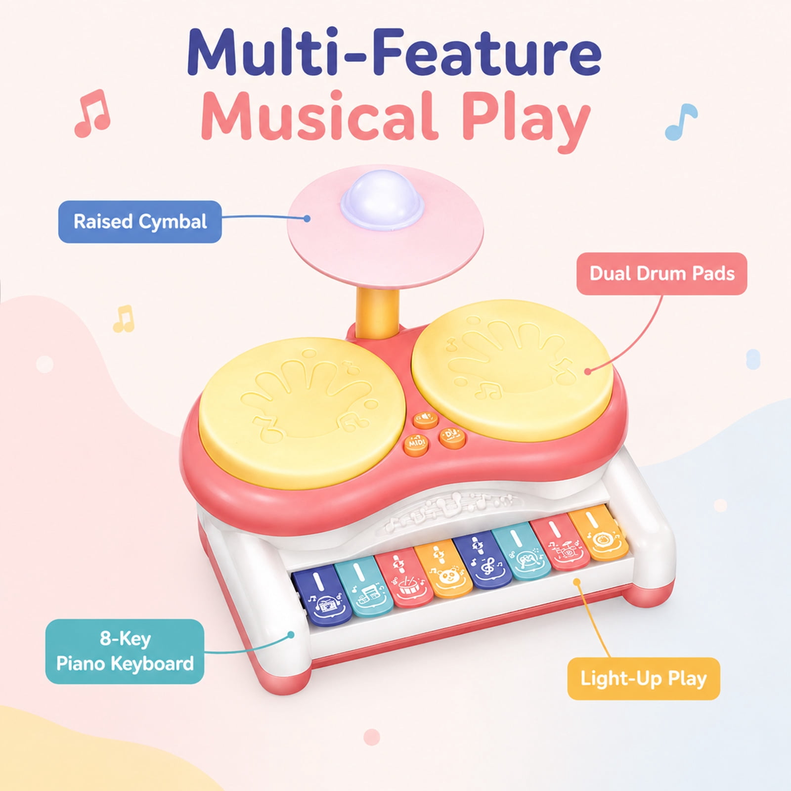 Musical Drum and Piano Toy for Toddlers, Light-Up Dual Drum Set with 8-Key Keyboard, Early Learning Rhythm Toy, Pink