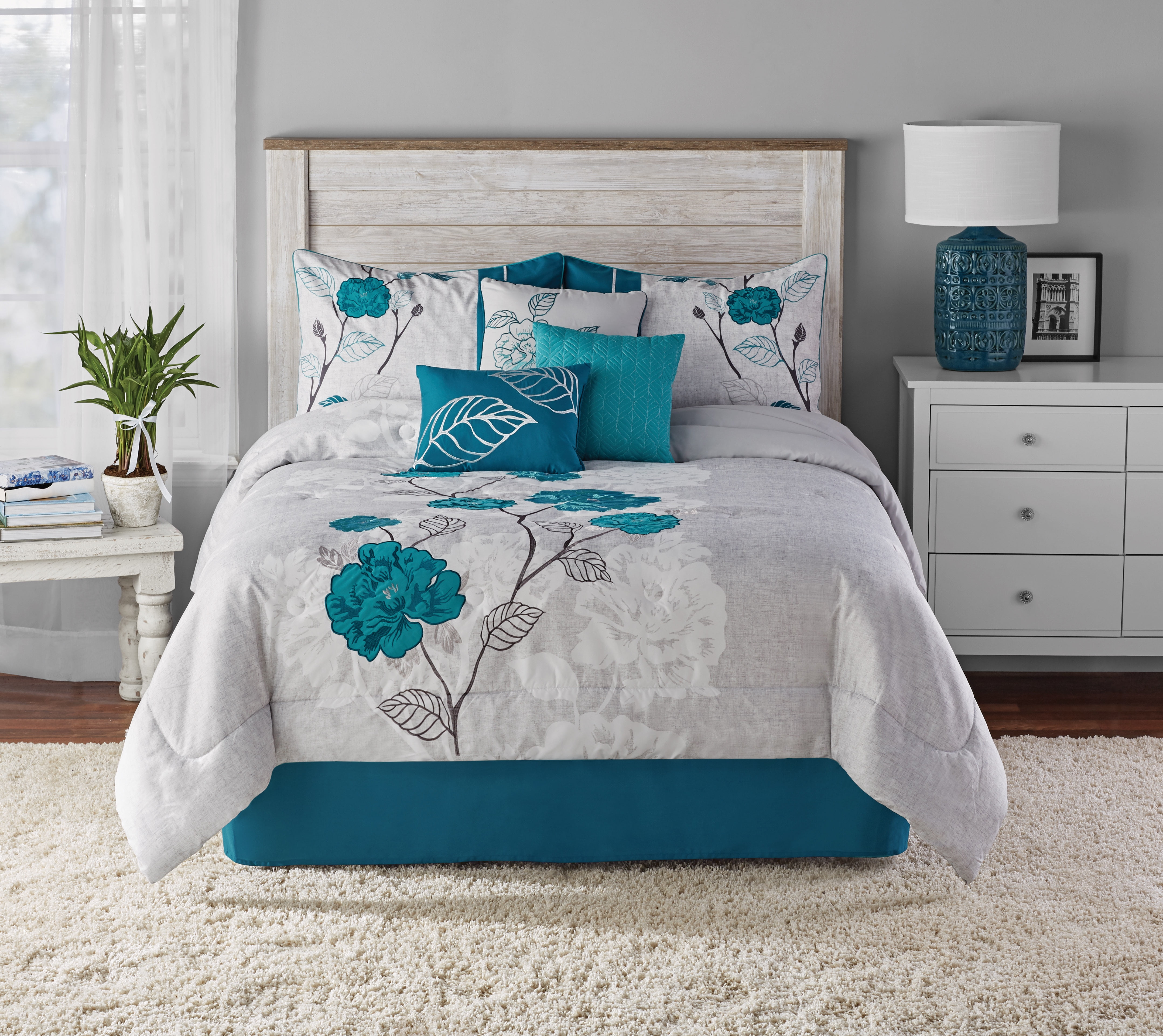 Embroidered  Grey Blue Teal Roses Floral 7 pcs Cal King Queen Comforter Set New 