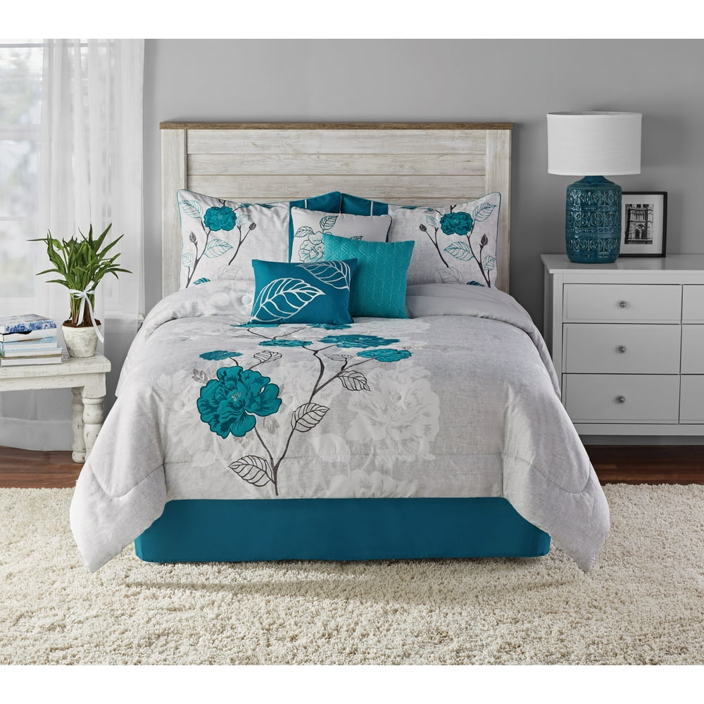 Mainstays 7 Piece Teal Roses Comforter Set, King, Teal