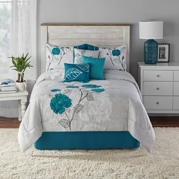 Mainstays 7-Piece Teal Roses Comforter Set, King, With Embroidered Applique Detail