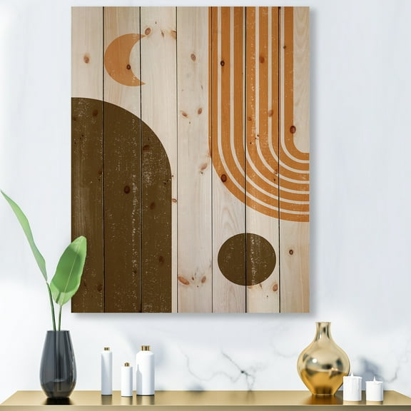 Designart 'Rainbow In Earth Tones Abstract Geometric Art' Modern Print on Natural Pine Wood
