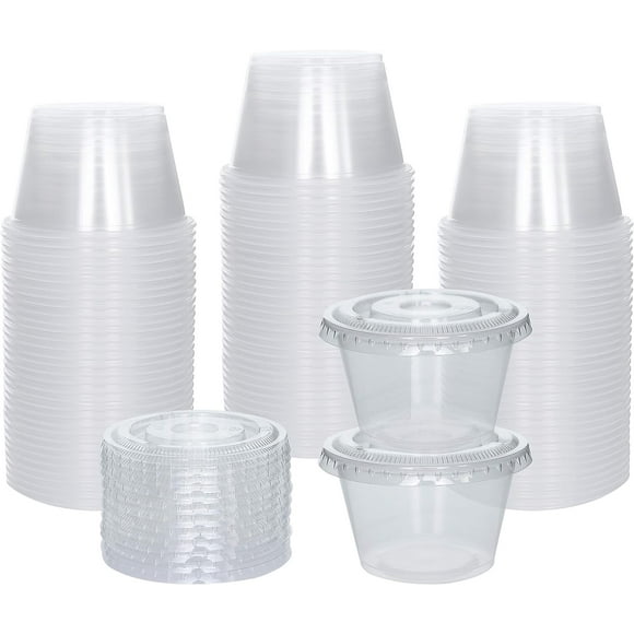 [100 Sets] 4 oz Small Plastic Containers With Lids, Jello Shot Cups, Disposable Portion Cups, Condiment Containers, Souffle Cups for Sauce and Dressing