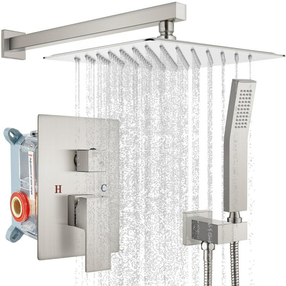 gotonovo Système de Douche Pluie 12 Pouces Nickel Brossé Luxe Haute Pression Douchette de Salle de Bain Ensemble de Robinet de Douche Pulvérisation à Main Valve d'Encastrement et Garniture de Douche Inclus