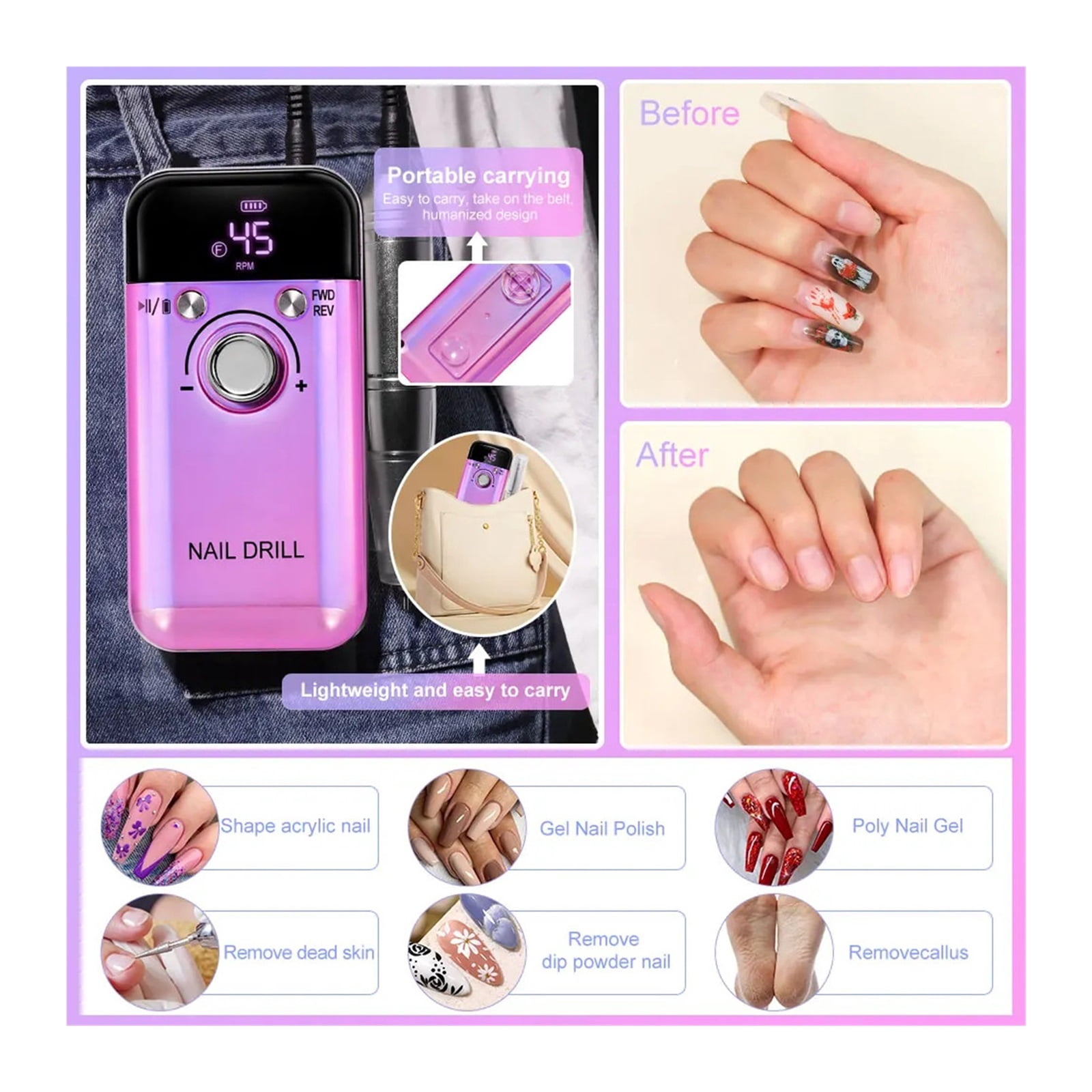 45000RPM Rechargeable Electric Nail Drill Machine Professional Nail Drills for Gel Nails Polish Portable Nail File Manicure Tool