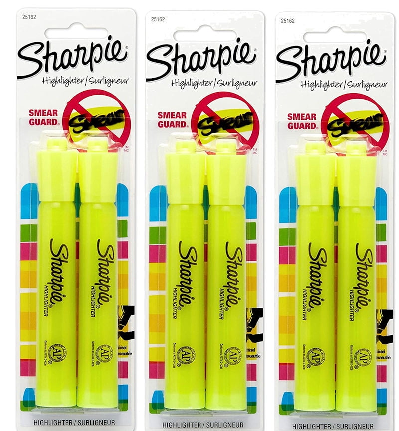 Sharpie 25162PP Gel Smear Guard Accent Tank Style Highlighter Fluorescent Yellow 2 per Pack (Three Packs)