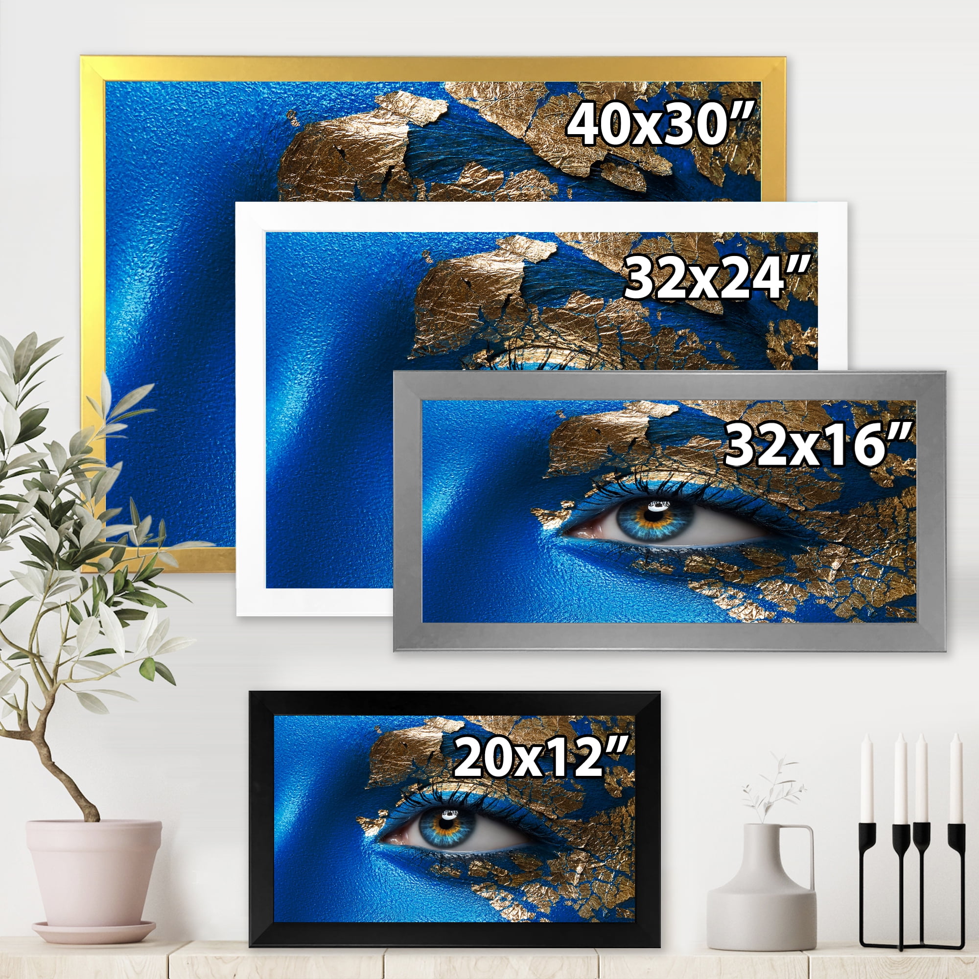 Designart 'Portrait of A Young Woman Model With Blue Make-Up' Modern Framed Art Print