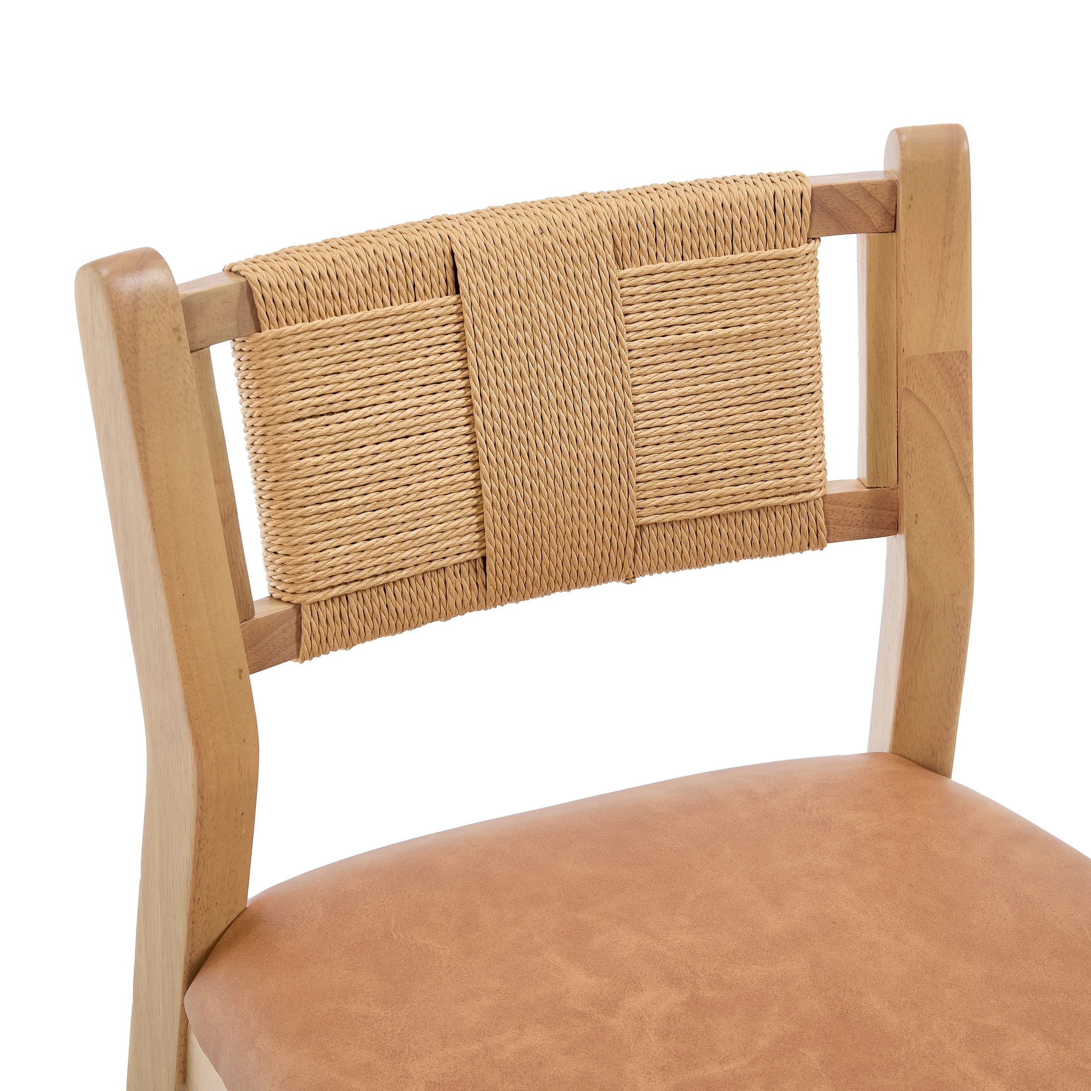 Guyou 26" Rattan Barstools Set of 2, Boho Solid Wood Counter Height Bar Stools, PU Upholstered Kitchen Island Chairs for Dining Room Bar, Brown