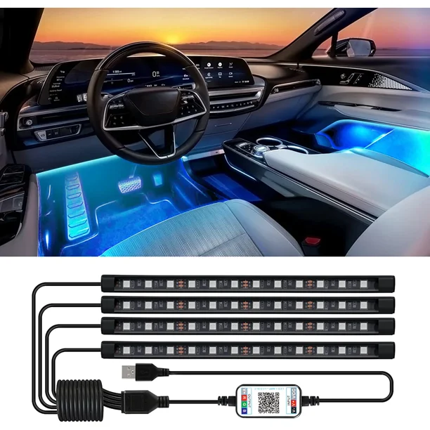 Luces LED para interior de coche, 4 tiras de 48 LED USB, iluminación ambiental RGB multicolor con música, luz ambiental impermeable para interior de coche con aplicación.