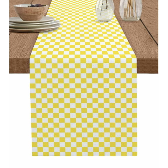 Yellow White Plaid Table Runner 48 Inches, Modern Retro Geometric Checkered Bed Runner Dresser Scarves Tabletop for Indoor Outdoor Parties/Ceremony/Banquet, 13" x 48"
