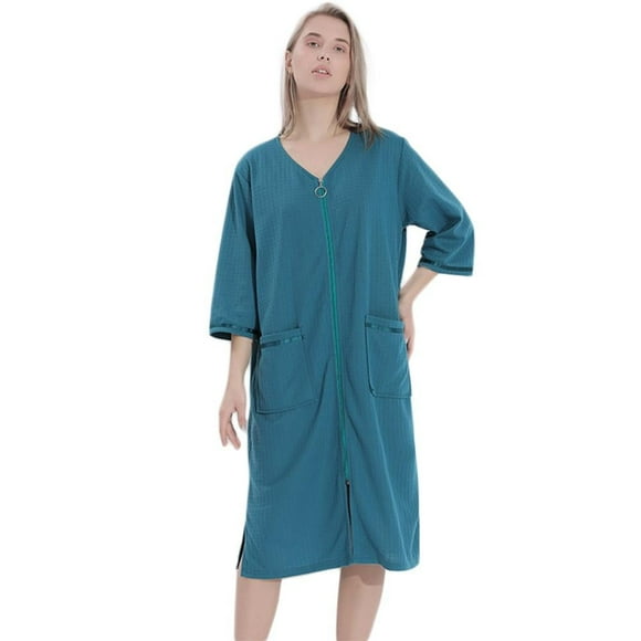 Women‘s Zipper Robes 3/4 Sleeve Zip Front Robe Knee Length Lightweight Housecoats with Pockets