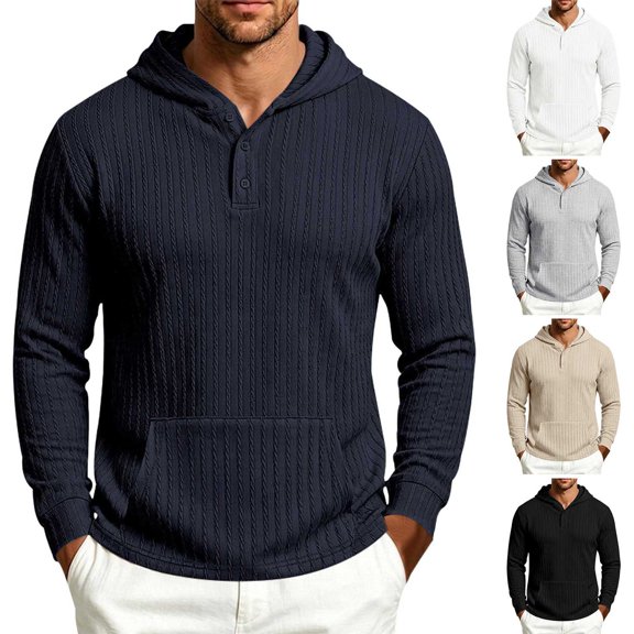 MiYuan Mens Henley Hoodies Textured Knit Pullover Casual Long Sleeve Knit Hooded Sweatshirt with Kangaroo Pocket
