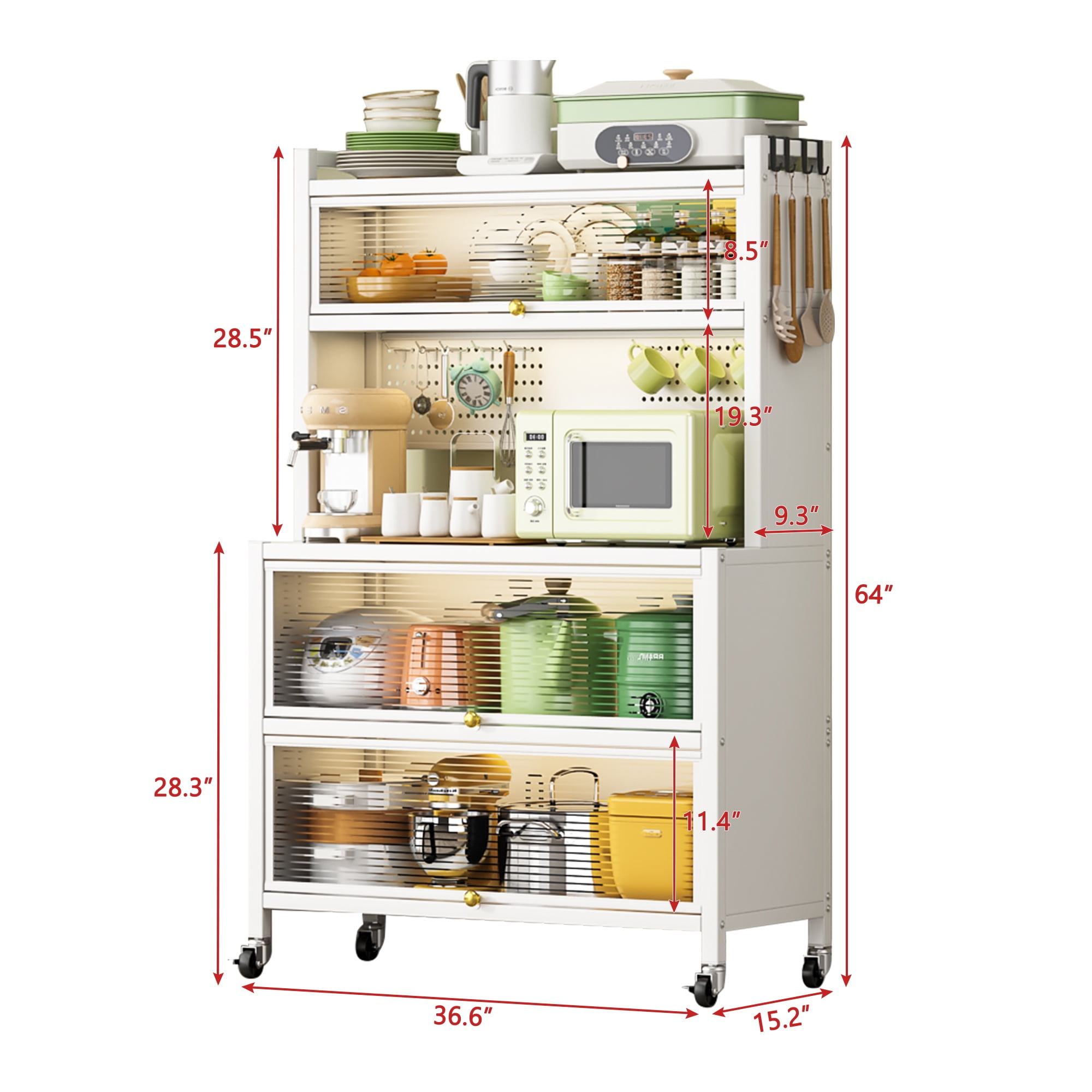 PORKISS Kitchen Pantry, Metal Pantry Cabinet with Doors and 4 Wheels, Modern Storage Cabinet with Shelves and Racks for Dining Room, Living Room, White