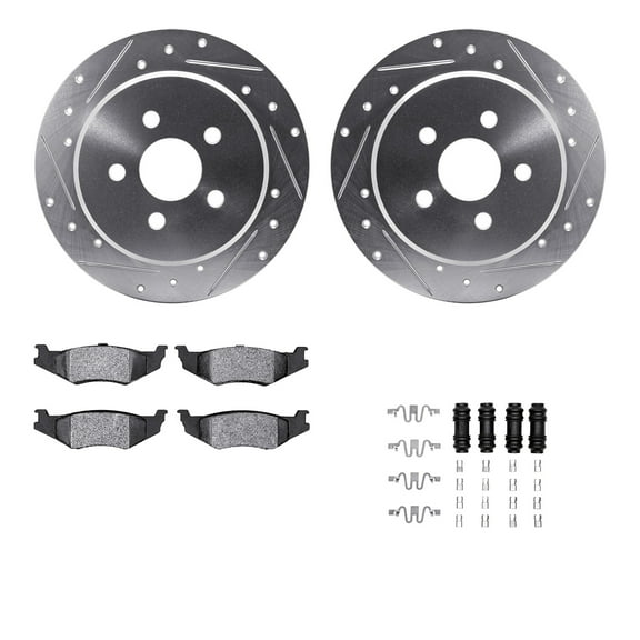Dynamic Friction Company Rear Brake Rotors-Drilled and Slotted-Silver with 5000 Advanced Brake Pads includes Hardware 7512-39002