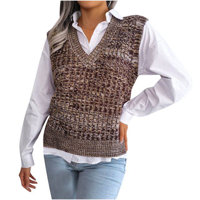 Suéter de punto multicolor con cuello en V para mujer Moda casual Chaleco sin mangas Chaqueta Abrigo Tops Fridja gh7334