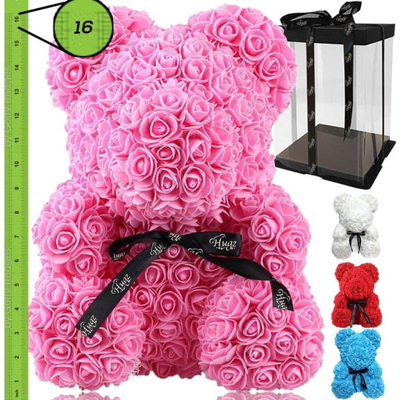 Rose Flower Bear - The 16 inch Hugz Teddy Bear with Over 20 Dozen Artificial Flowers - Best Gift for Valentines Day, Anniversary, Birthdays, Co-Workers & Bridal Showers (Pink) - w/Clear Gift Box