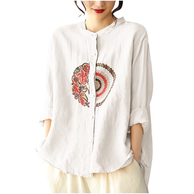 V Cuello Blusas para las Mujeres, de Moda Retro Bordado Cuello Redondo Cinco Cuartos de Manga para el Uso Casual
