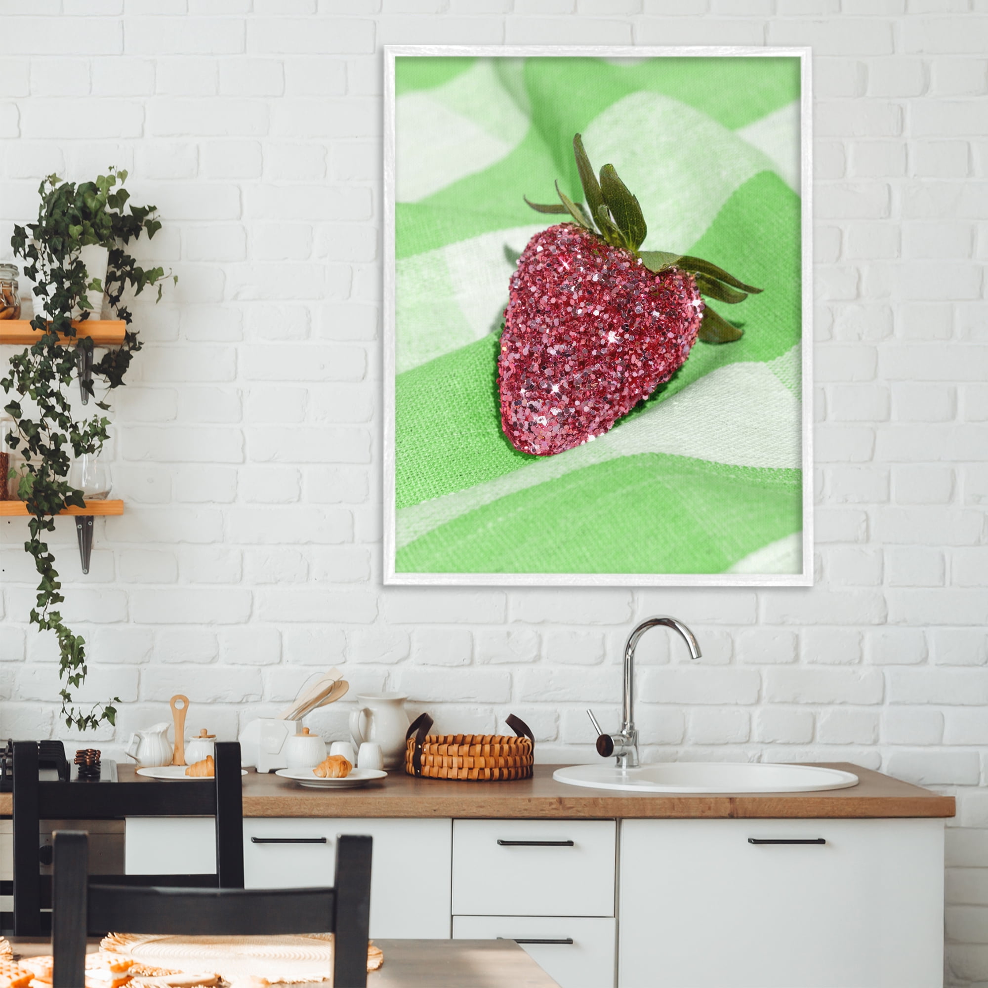 Stupell Industries Glimmer Strawberry on Green White Framed Giclee Art, design by LISH Creative