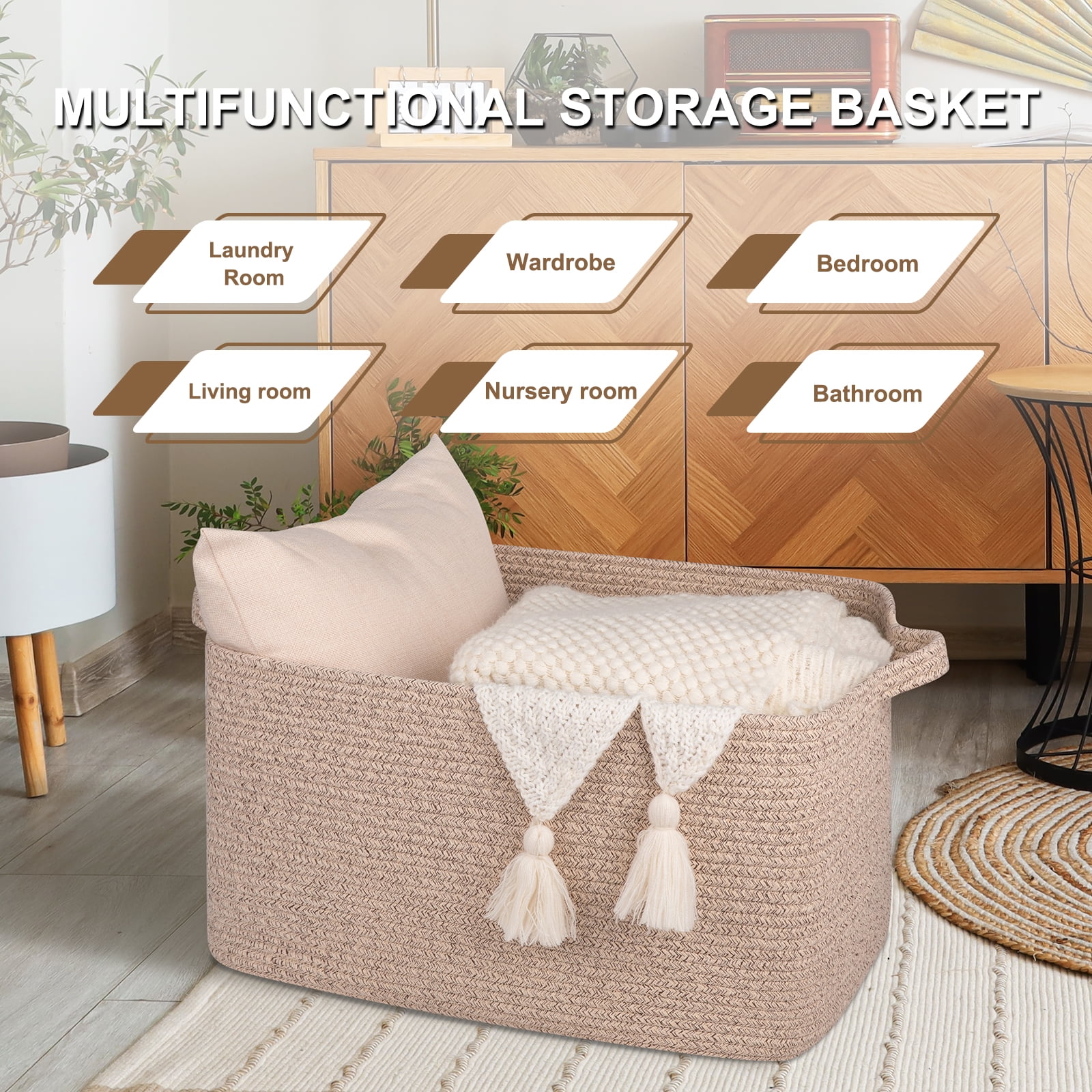 CHERISHGARD Blanket Basket 90L Rectangle Rope Baskets for Storage, Cotton Rope Basket for Bedroom Livingroom Washingroom