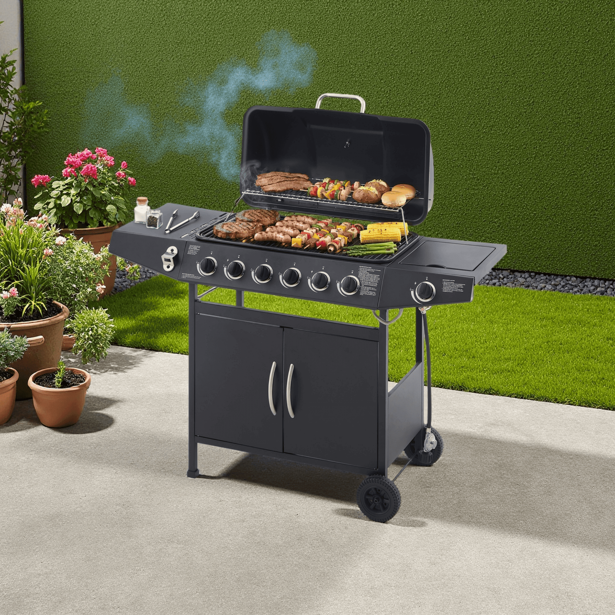 6 Burner BBQ Propane Gas Grill with Side Burner, 59000 BTU Stainless Steel Outdoor Grill, 576 sq in Cooking Area with Enamel Grates & Side Tables, Black