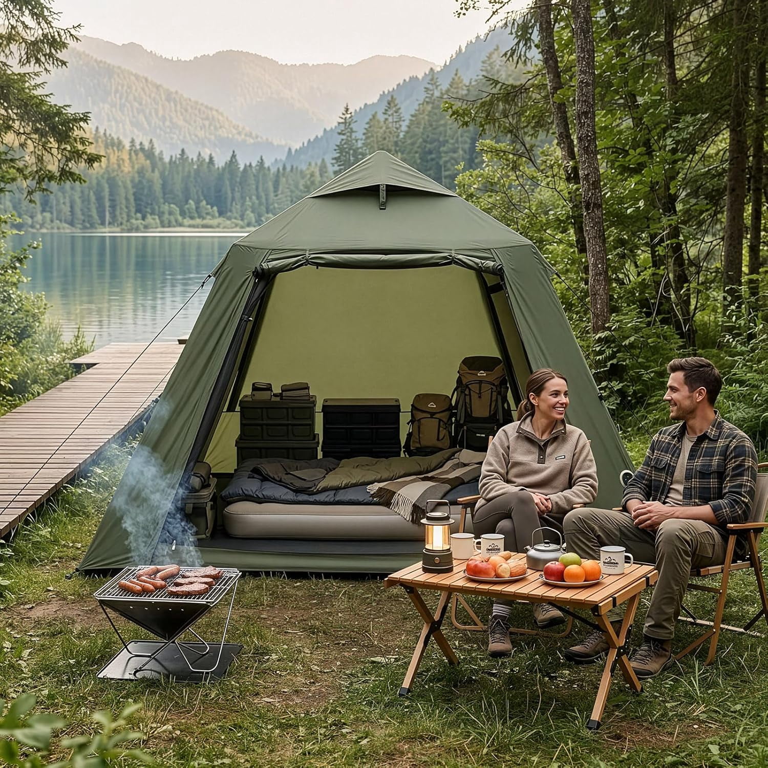 WLTER Inflatable Camping Tent, All-Weather Inflatable Hot Tents with Stove Jack, Blow Up Tent for Camping with Mesh Doors & Windows, Inflatable Air Tents for Camping Adult
