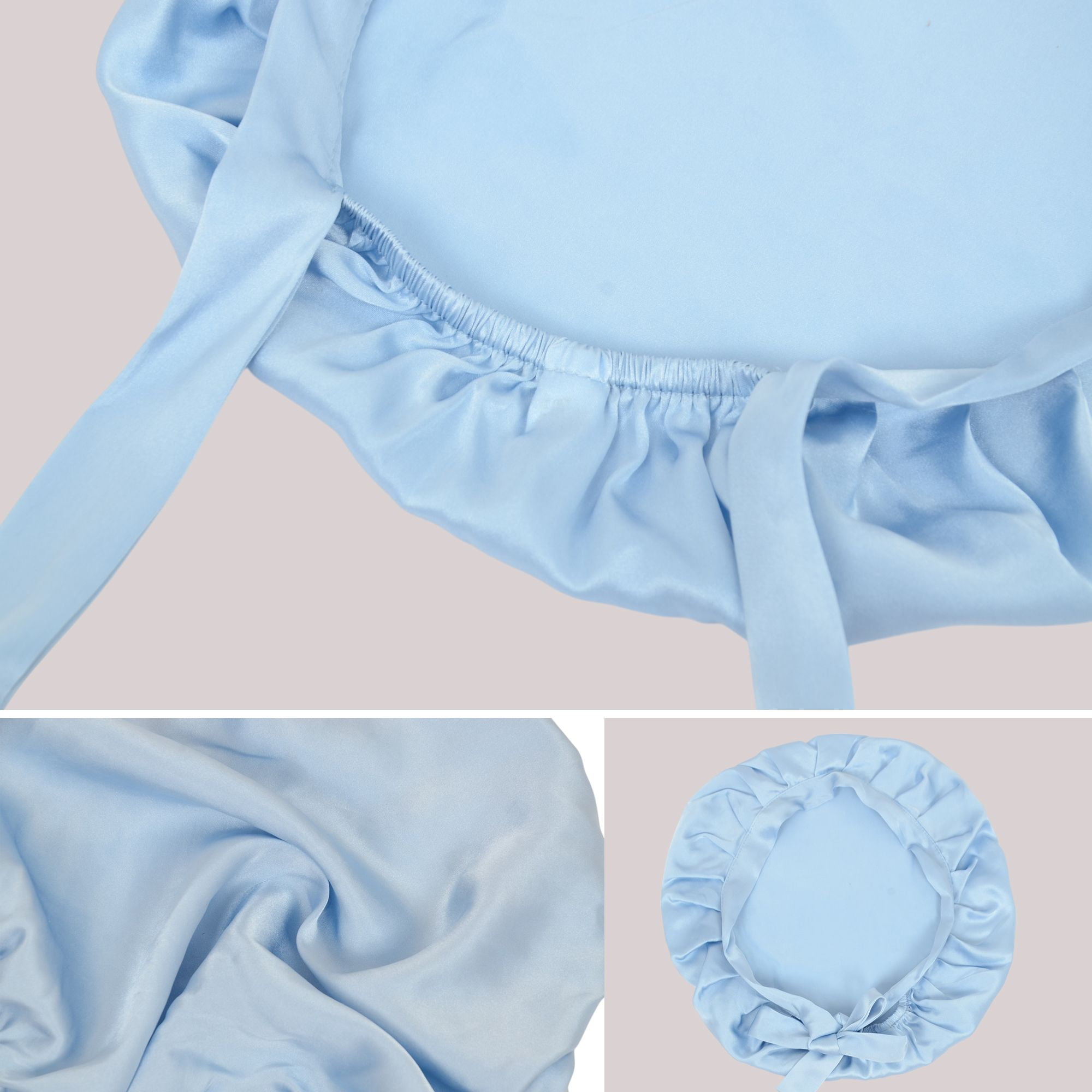 Women Satin Sleep Bonnet Adjustable Tie Back Hair Protection Cap for All Hair Types - Light Blue