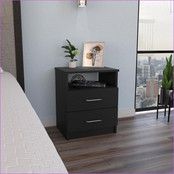 Napoles Modern Black Nightstand - 2 Drawers, 1 Shelf, Compact