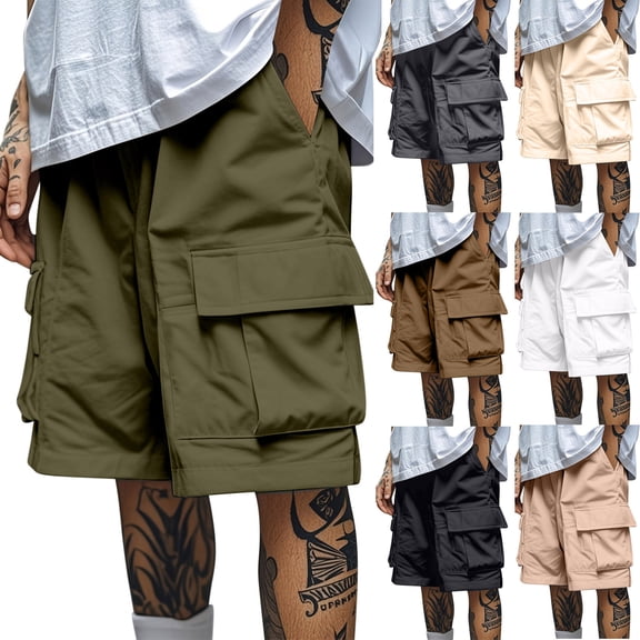 YOIAVAIOY Men Elastic Waist Cargo Shorts Summer Casual Bermuda Shorts Outdoor Hiking Work Trendy Shorts with Pockets White XXL