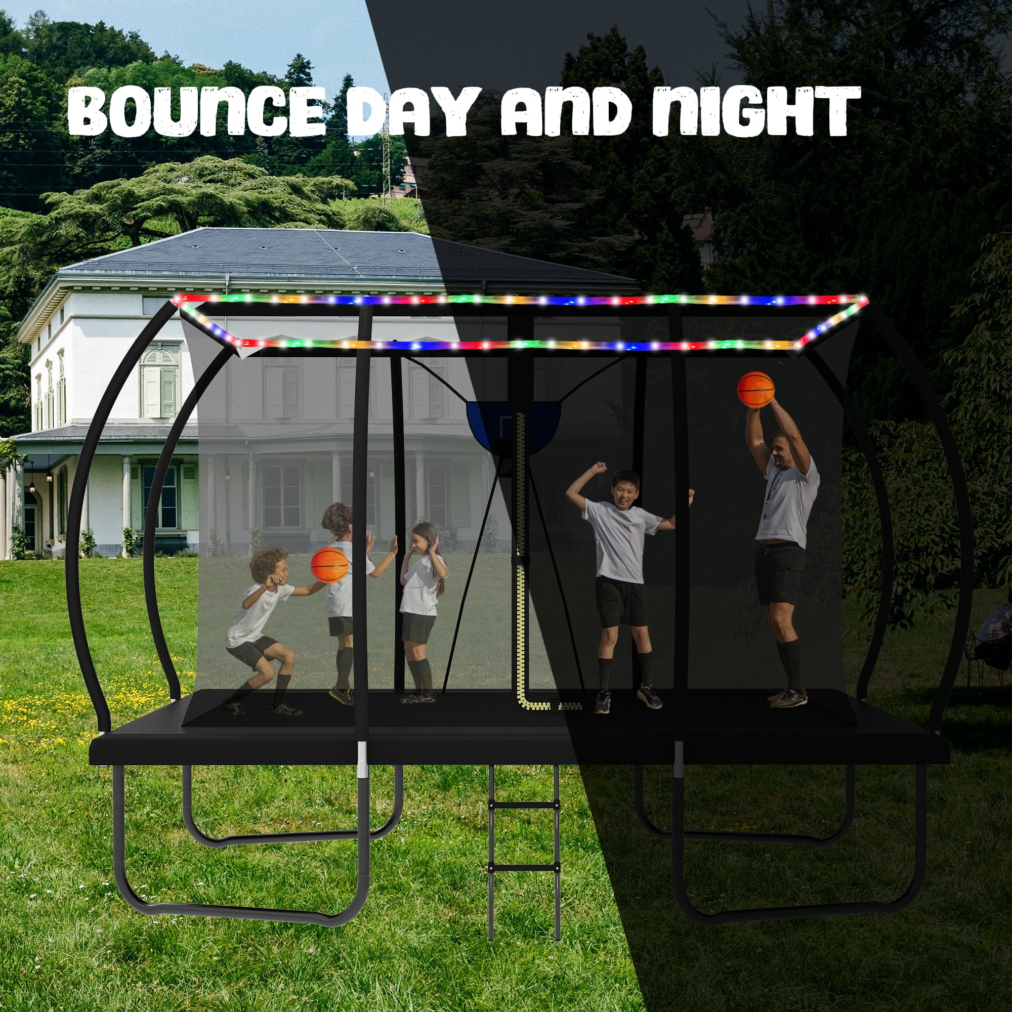 DVH 8x12FT 10x14FT Rectangle Trampoline for Kids and Adults, Big Outdoor Rectangular with Basketball Hoop and LED Light, Large Square Trampoline with Enclosure Net