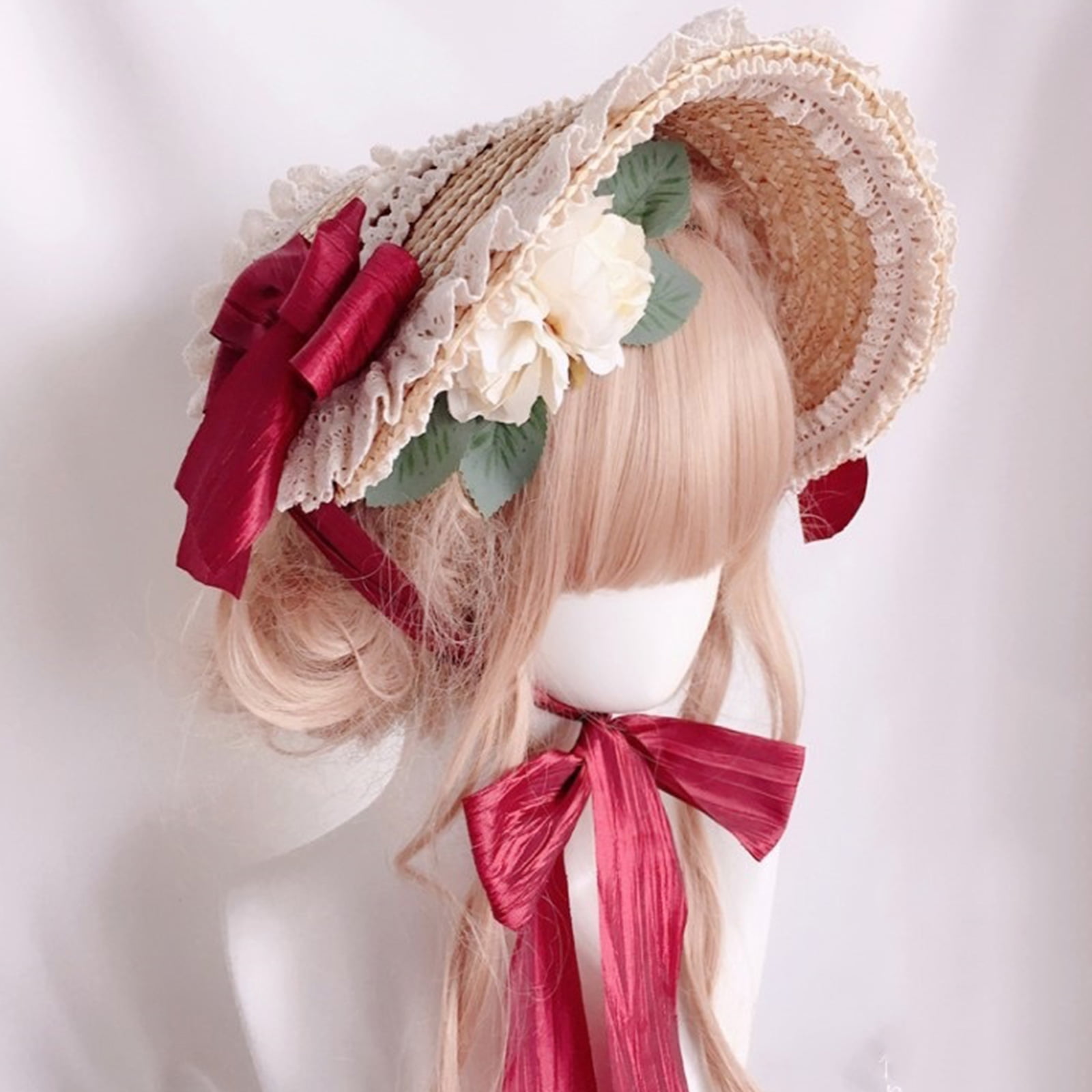 Gorgeous Lolita Flat Top Hat French Lace Flower Ribbon Bonnet Hat All-match Summer Sunshade Straw Hat for Girls Women