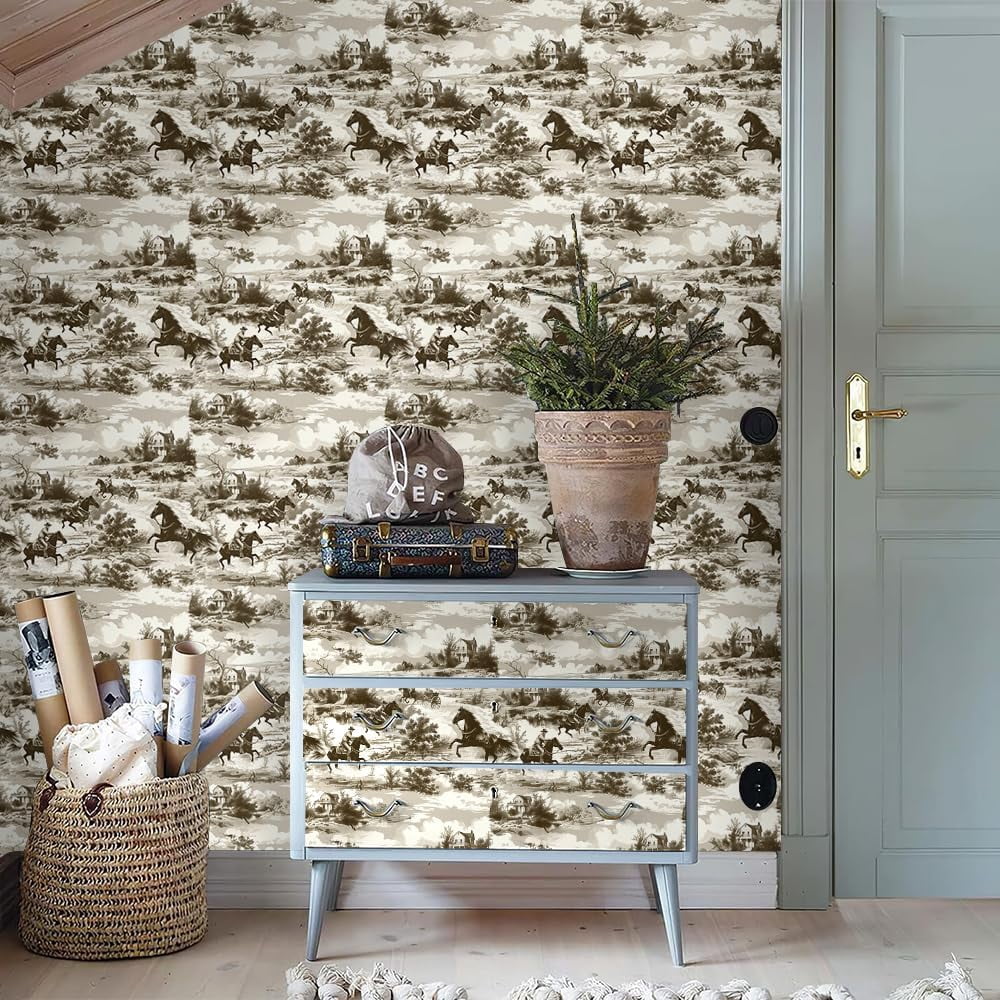 Beige Brown White Western Horse Landscape Peel and Stick Wallpaper Contact Paper Vintage Vinyl Stick on Wall Paper for Bedroom Bathroom Kitchen Cabinet Renter Friendly