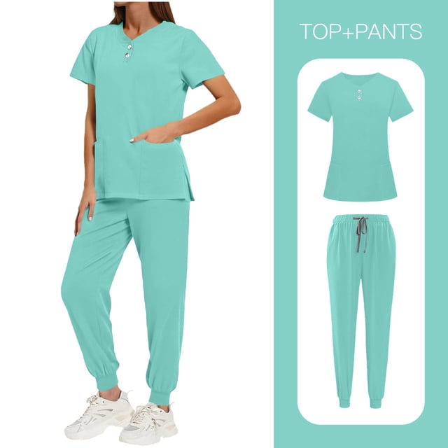 Women's Scrub Set Stretchy V Neck Short Sleeve Tops with Pockets Drawstring Jogger Pants Soft Comfortable Outfits for Nurses Work Mint Green M