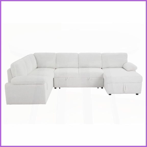 Oversized Modular Corduroy Sectional Sofa - Convertible L/U Shaped Sleeper with Storage for Living Room, Apartment & Office, Deep Seat Comfort, White