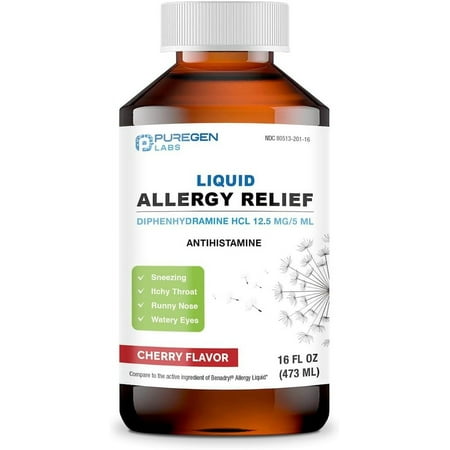 Puregen Labs Allergy Relief Oral Solution - Diphenhydramine HCl 12.5mg/5 mL Antihistamine - Cherry Flavor - 16 Ounces